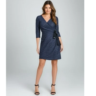 Vestido THE LIMITED Imitación Envolvente Clásico Azul Marino Para Mujer XS Cuello en V Manga 3/4 Foto 1 de 4