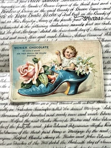 Victorian Trade Card Advertising Menier Chocolate Cute Girl In Blue Shoe - Picture 1 of 20