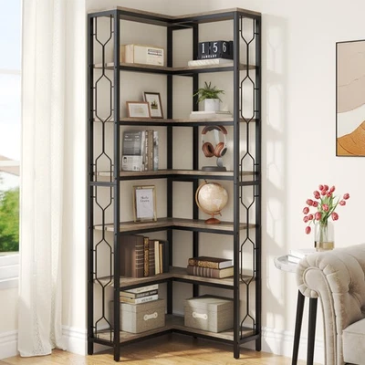 Corner Bookshelf, 7 Tier Industrial Corner Bookcase,Freestanding Display Shelf - Image 1 of 4