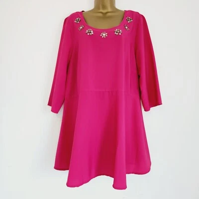 NEW Ex EVANS Plus Size 18-28 Beaded Embellished Hot Fuchsia Pink Tunic Dress Top - Image 1 of 4