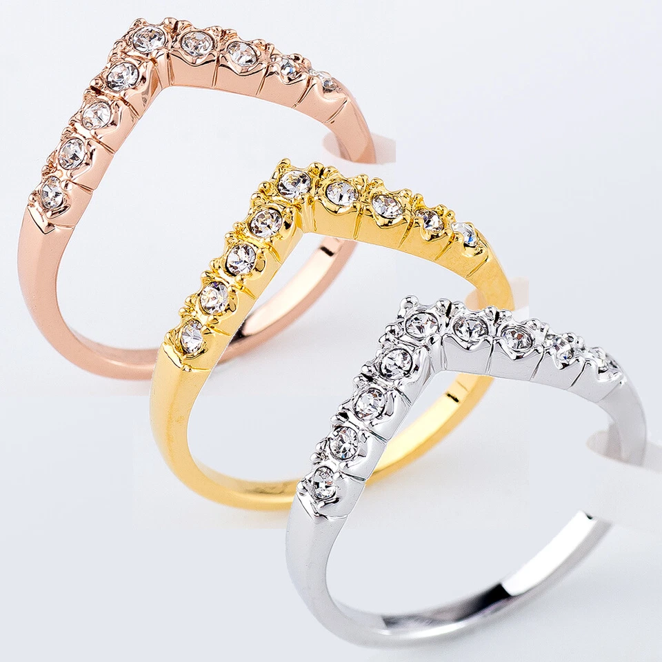 R022 Chevron V Shape Wishbone Eternity Band Ring 18KGP Rhinestone Size K1/2 - U - Image 1 of 1