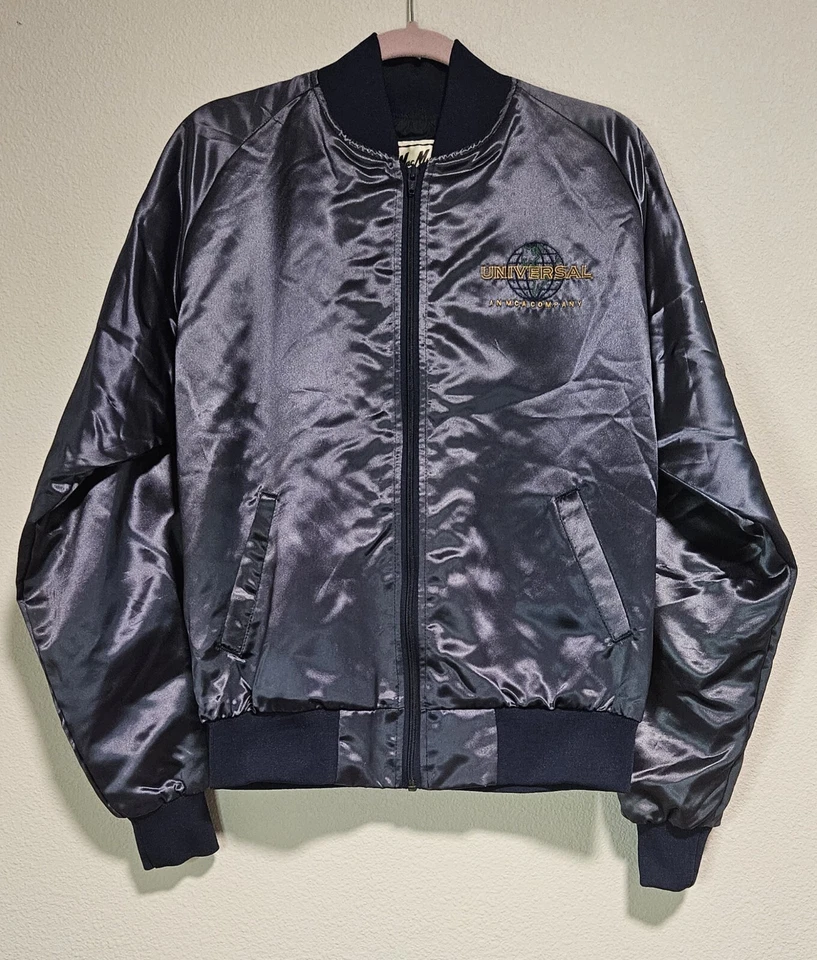 Vtg Mac Murray Embroidered Universal Studios Bomber Jacket NavyBlue Satin Large - Image 1 of 4