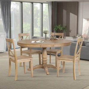 Modern 4-Person Round Dining 5pc Set w/4 Chairs, Natural Wood Wash - Picture 1 of 23