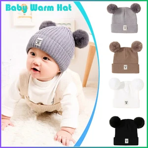New Baby Double Fur Pure Pom Pom Winter Hat Girl Boy Hats Balls Beanie Warm Cap - Picture 1 of 11