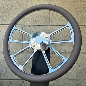 14" Billet 4 Spoke Steering Wheel W/ Gray Vinyl Half Wrap and Forever Sharp Horn - Picture 1 of 6