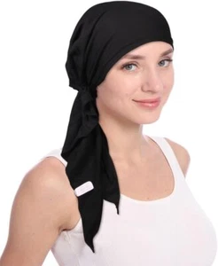 Pre Tied Chemo Head Scarf for Women - Slip On Bandana Headwrap Plain Black - Picture 1 of 9