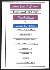 ASTON VILLA U21s v LEICESTER CITY U21s 15.03.24 PREMIER LEAGUE 2 MATCH PROGRAMME - Picture 1 of 3