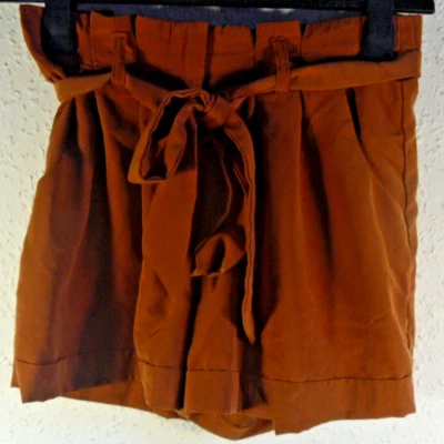 Miss Selfridge Tan Brown Shorts Zip Fastener & Tie Belt Turn Ups Polyester UK 8 - Image 1 of 4