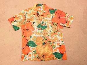(m) VIVID! 1970s Pomare Hawaiian Shirt Button-Down Shirt Sleeved HAWAII Orange - Picture 1 of 5