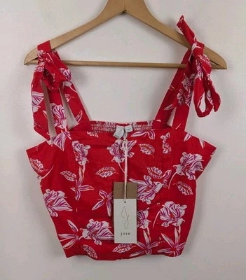 Joie размер 10 красный льняной укороченный рубашка розовый цветы цветочный Майка новый с ярлыками - Изображение 1 из 4