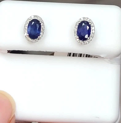 Deal! 1.28CTW Genuine Natural Oval Shape Sapphire Diamonds earrings 14K Gold 8mm - Image 1 of 4