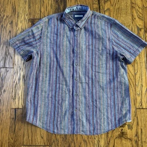 32 Bar Blues Herren XL Button Down Hemd Kurzarm 100% Leinen blau lila gestreift - Bild 1 von 12