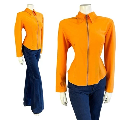 VTG 60S SPACE AGE MOD GOGO BRIGHT ORANGE ZIP UP DAGGER COLLAR SHIRT 12 14 M - Image 1 of 4