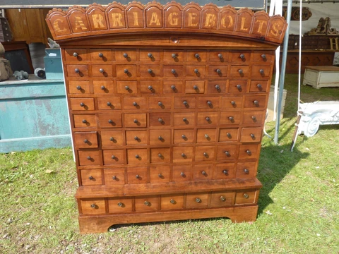 circa 1870 CUSTOM made cherry CARRIAGE BOLT hardware store cabinet 57" h x 50" w Cover