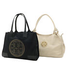 Auth Tory Burch Set Of 2 Nylon Leather Tote Bag Hand Bag Black White Used F/s
