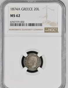 Greece, 1874 Silver 20 Lepta, NGC MS62, Rotated Die, Rare - Picture 1 of 2