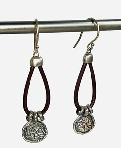 SILPADA Israel 925 Sterling Silver Vintage Leather Cord Earrings #A144 - Picture 1 of 14