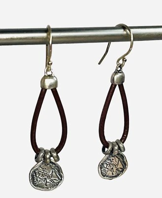 SILPADA Israel 925 Sterling Silver Vintage Leather Cord Earrings #A144 - Image 1 of 4