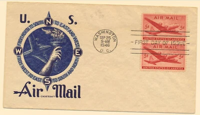 USA Sc. C32 New Air Mail Stamp 5c DC-4 Skymaster Aviation on 1946 FDC (2) - Image 1 of 2