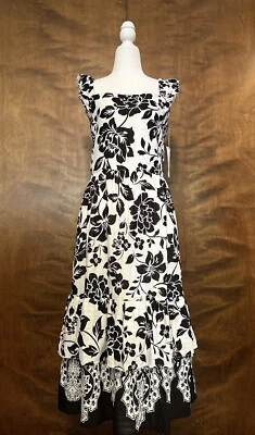 Vestido midi Draper James sin mangas con volantes para mujer XL negro blanco floral jacquard Foto 1 de 4