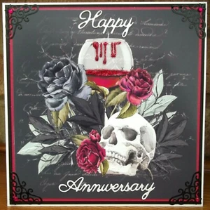 HANDMADE GOTHIC PAGAN ANNIVERSARY CARD WITH WINE GLASS, ROSES & SKULL DESIGN - Picture 1 of 3