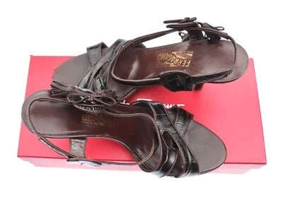 SANDALIAS SALVATORE FERRAGAMO MARRÓN OSCURO COCODRILO CUERO EN RELIEVE 9.5 EE. UU. Foto 1 de 4