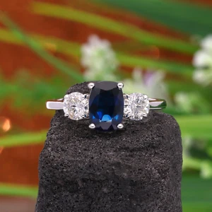 2.42 TCW Real Blue Sapphire SI/H Diamond Ring 14k White Gold Engagement Gift - Picture 1 of 8
