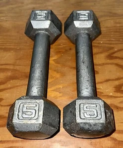 Cast Iron Pair 5lb Hex Dumbbells Free Weights Exercise Equipment Gym Arm Gear - Picture 1 of 4