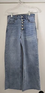 TNR Jeans Women 25 Stretch Wide Leg Button Fly Raw Hem Distressed Blue Denim - Picture 1 of 14
