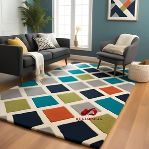 Modern Wool Area Rug 9x12 | Handmade Geometric Multicolor Carpet | Living Room - Picture 1 of 3
