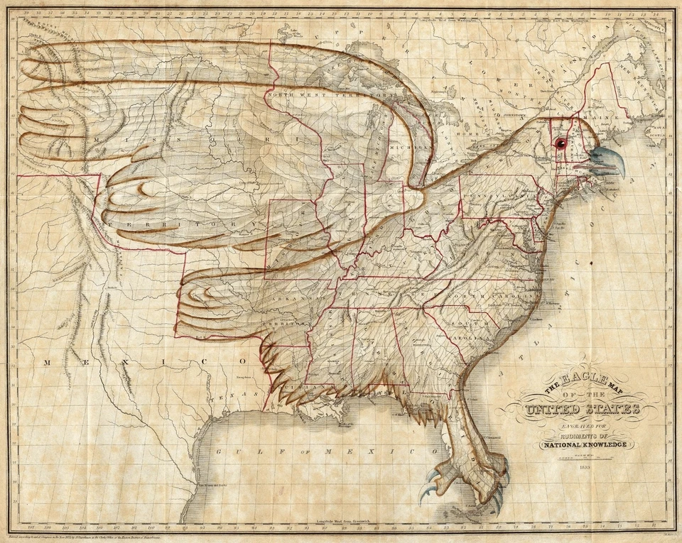 Póster de arte de pared de colección Eagle Map of the United States de 1833 11"x14" escuela en casa  Foto 1 de 2