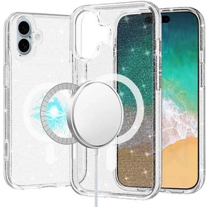 For iPhone 16 Plus 6.7in Case Magnet Circle Glitter Translucent + Tempered Glass - Picture 1 of 9