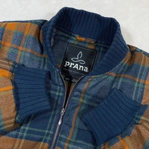 Prana Down Flannel Puffer Jacket Full Zip Plaid Bomber Coat Outdoors Mens M - Picture 1 of 9