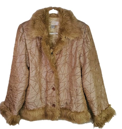OFF WHITE Giacca cappotto vintage Imago beige pelliccia sintetica bordo Penny Lane foderato donna taglia large Y2K