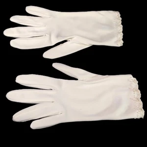Kurze weiße Damen Frauen Handschuhe 100% doppelt gewebtes Nylon Blumenverzierung - Bild 1 von 8