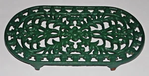HEAVY DUTY GREEN CAST IRON OVAL ENAMEL TRIVET CAST IRON RETRO PLACEMAT HOT PLATE - Picture 1 of 2