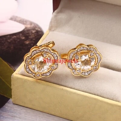 Gemas de topacio blanco natural con gemelos de plata chapados en oro de 18k #1226 Foto 1 de 4