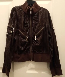 EUC Mustard Seed Moto Jacket-Shiny Brown Faux Leather-4 Zippers-Girl's Size Lg - Picture 1 of 8