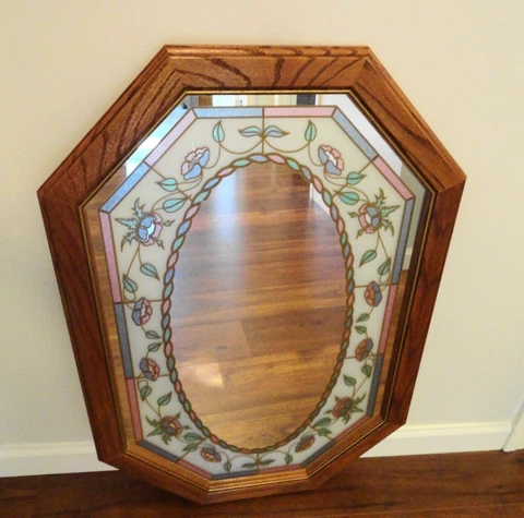 Vintage Stained Glass Octagon Mirror Oak Frame 31.5 x 21.5 Pink Floral Cover