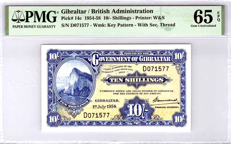 Gibraltar 10/- Shillings 1954 Pick# 14c PMG 65 EPQ GEM UNC - Image 1 of 4