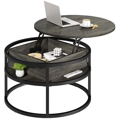 2 Tier Round Lift Top Coffee Table with Hidden Storage Compartment Home Office - Image 1 of 4