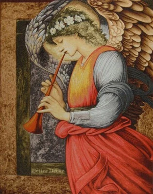 WALL JACQ. WOVEN MEDIEVAL TAPESTRY Angel Playing Flageolet EDWARD BURN-JONES ART - Image 1 of 4