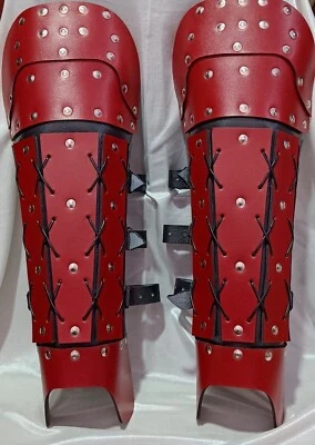 Red Leather Greaves Samurai Leg Greaves fantasy Knight Viking Greaves Armor - Image 1 of 4