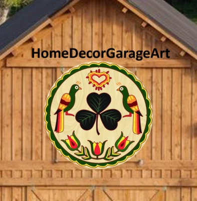 AMISH BARN QUILT DESIGNS Barn Quilt Sign, Peacocks & Shamrock Hex Design, Round Metal Sign, 6 Sizes