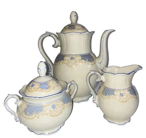 Schumann Bavaria Germany 1940 Blue Floral Gold Scroll Cross Hatch 5pc Coffee Set - Picture 1 of 12