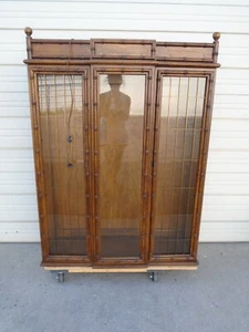 Faux Bamboo China Cabinet Hutch Breakfront Regency Bookshelf Bookcase Glass Boho - Picture 1 of 9