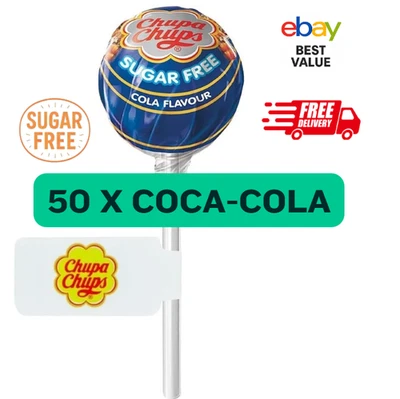 50 X SUGAR FREE CHUPA CHUPS LOLLIES COCA-COLA FLAVOUR STANDARD SIZE, SUGAR FREE! - Image 1 of 2