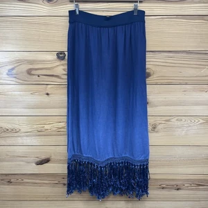 Chicos Maxi Skirt Medium 1 Francesca Blue Ombre Fringe 100%Linen Pull On B88 - Picture 1 of 12
