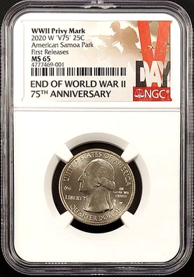2020 W American Samoa Park Quarter, WWII, V75 Privy, First Releases, MS 65 NGC! - Image 1 of 4