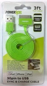 30 Pin to USB 3ft Flat Tangle Free Data Sync and Charge Cable for Ipod, Green - Afbeelding 1 van 3